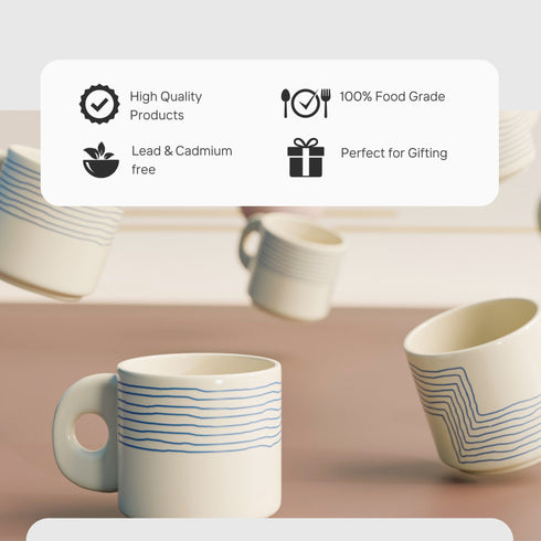 Cream Blue Ziggy Tea Cup Set of 6 - The Earth Store - Tea Cups